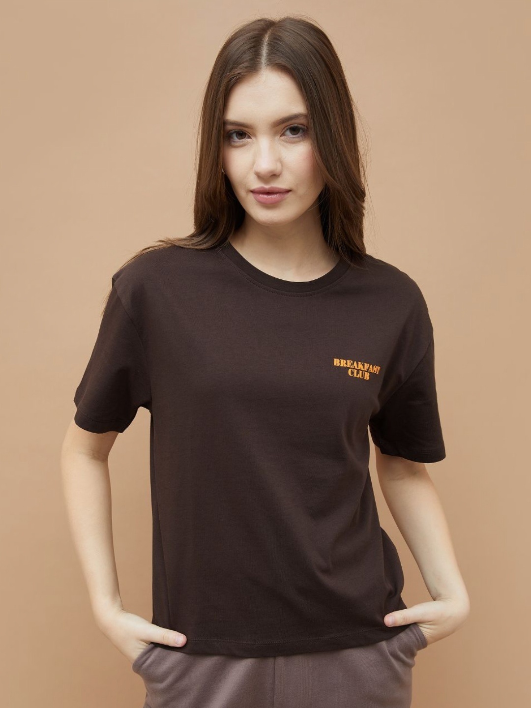 

Fame Forever by Lifestyle Women Typography Printed Pockets T-shirt, Brown
