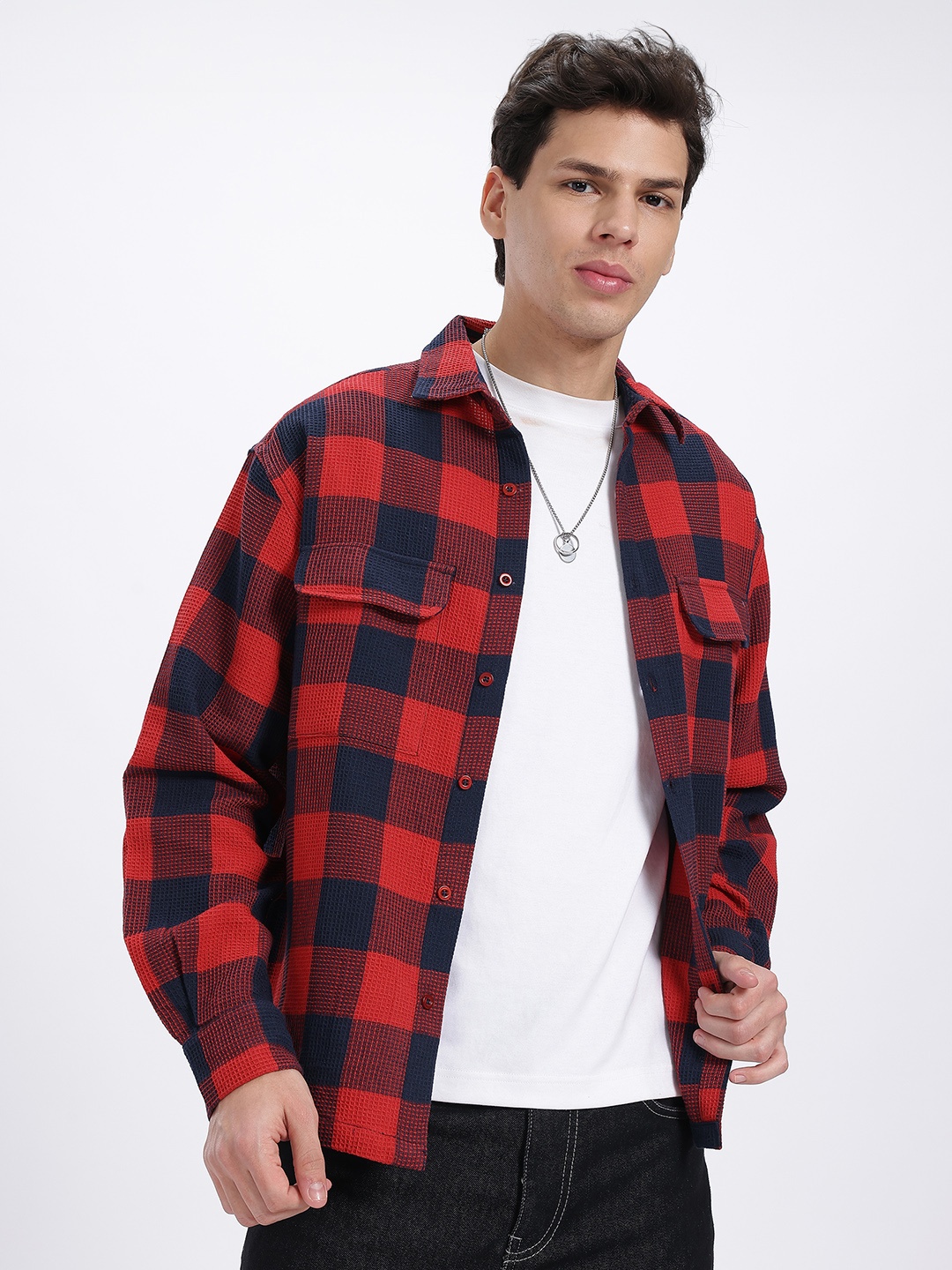 

glitchez Plaid Pulse Relaxed Fit Shirt, Red