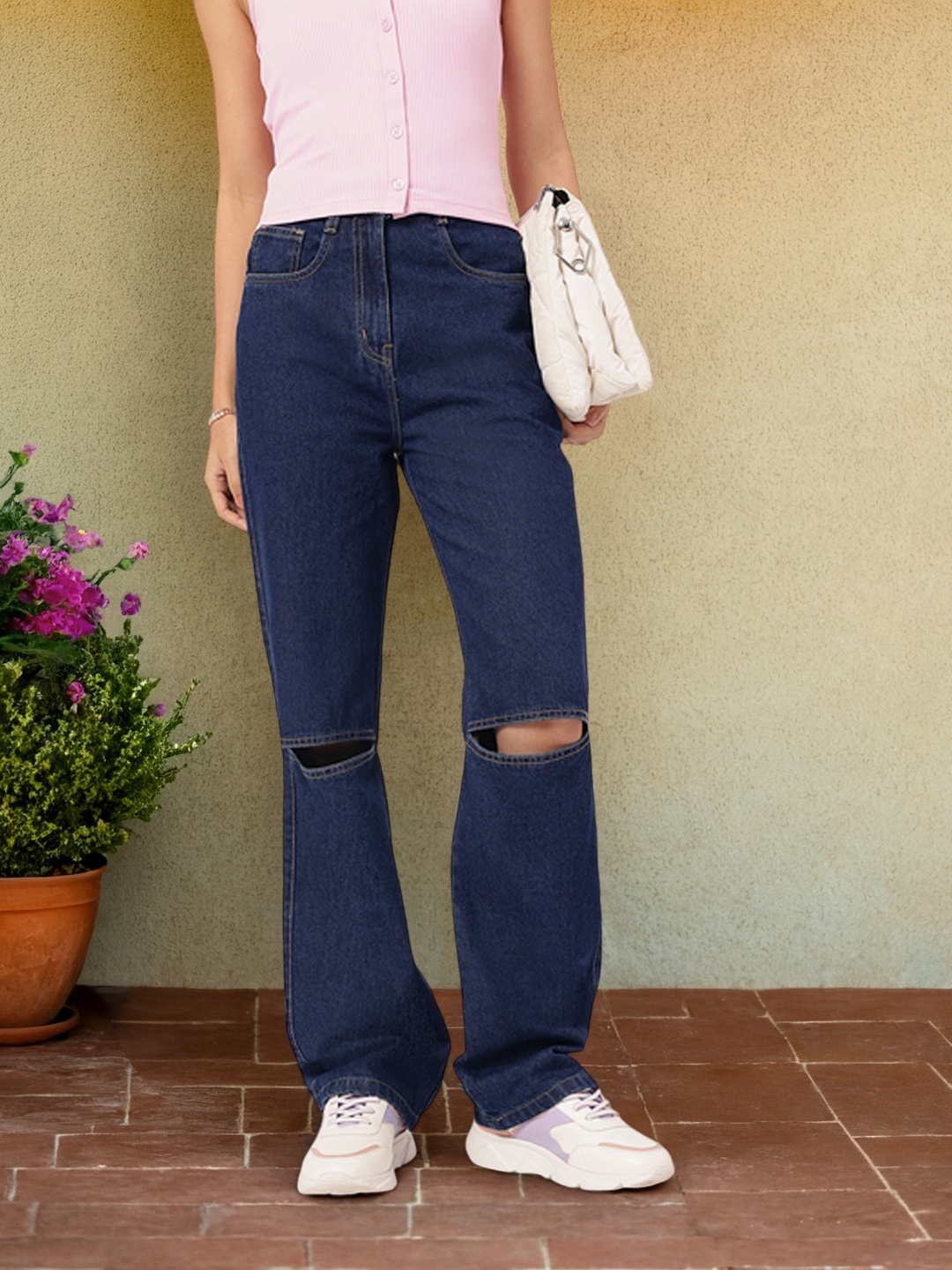 

DressBerry Women Slash-Knee Flair Straight Fit Pure Cotton Jeans, Navy blue