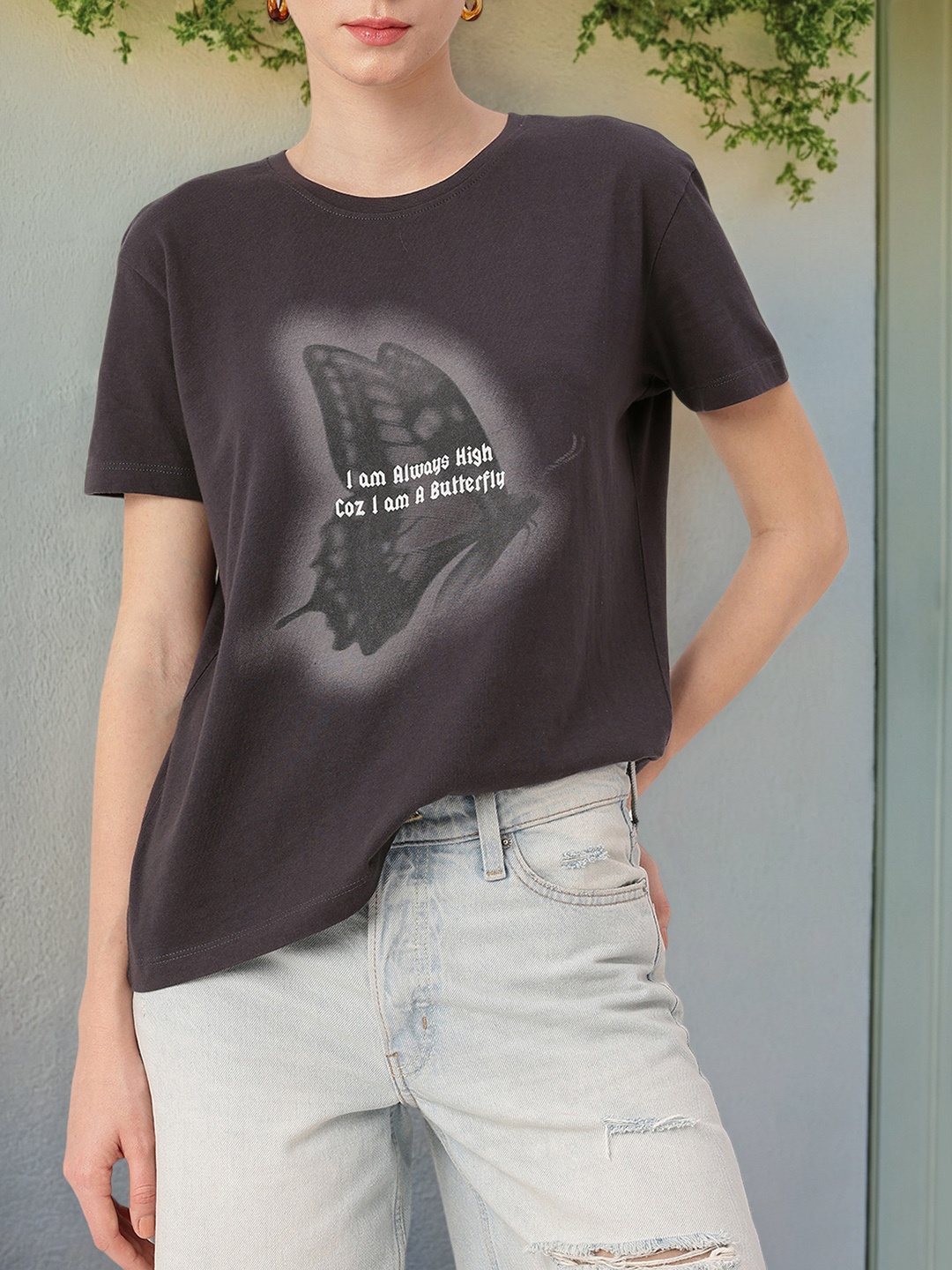 

DressBerry Edgy Rise Above Printed Relaxed Fit T-shirt, Grey