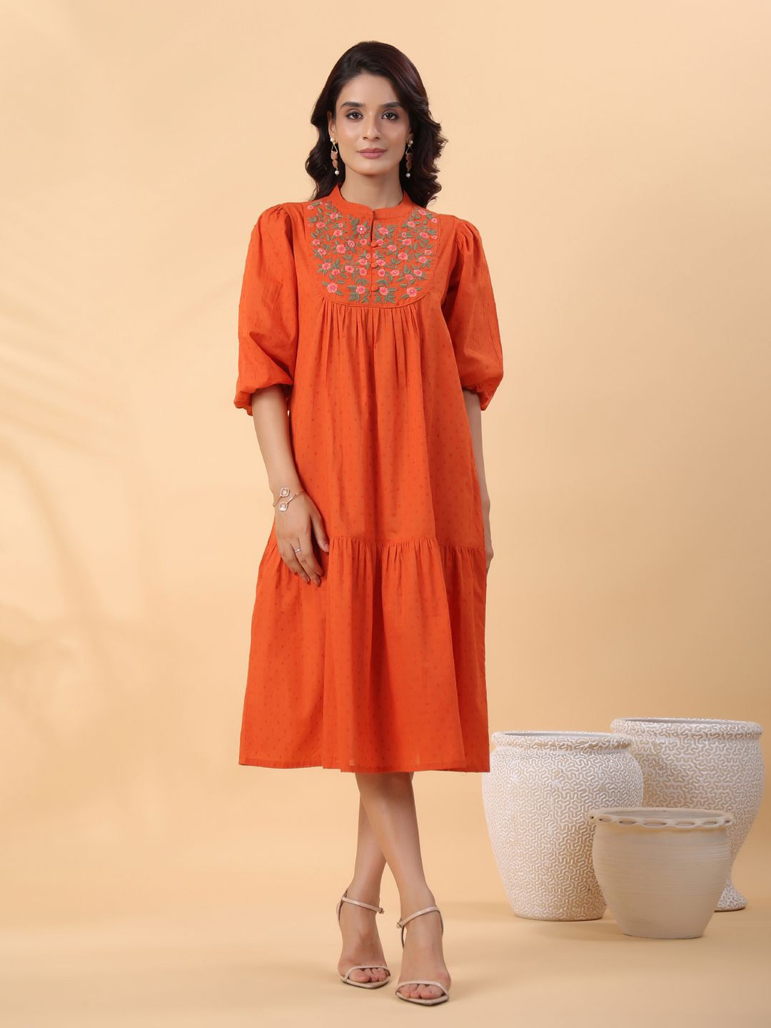 

KALINI Embroidered Fit & Flare Midi Dress, Rust