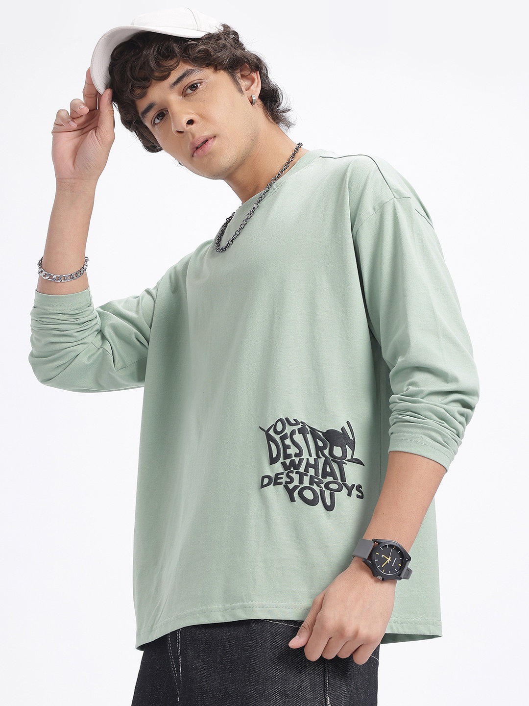 

glitchez Slogan Squad Placement Print Oversized T-shirt, Green