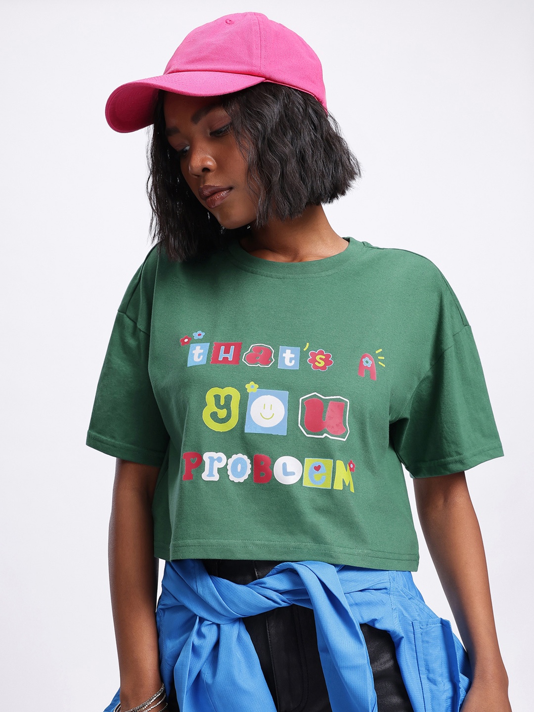 

glitchez Comedy Crew Printed Drop-Shoulder Boxy T-shirt, Green