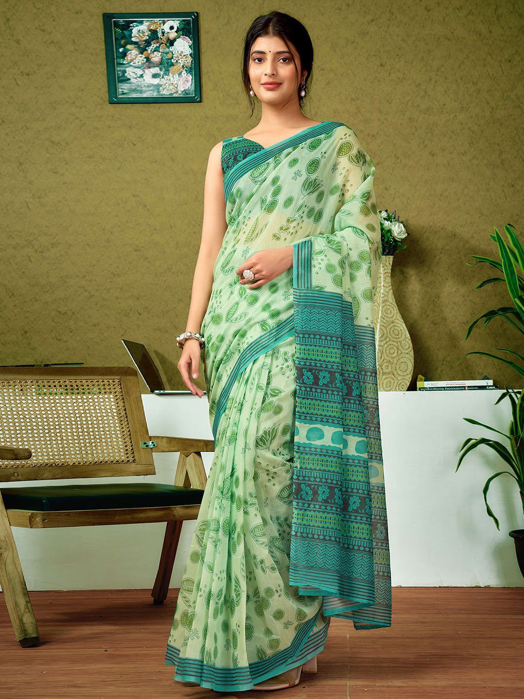 

all about you Floral Ready to Wear Saree, Green