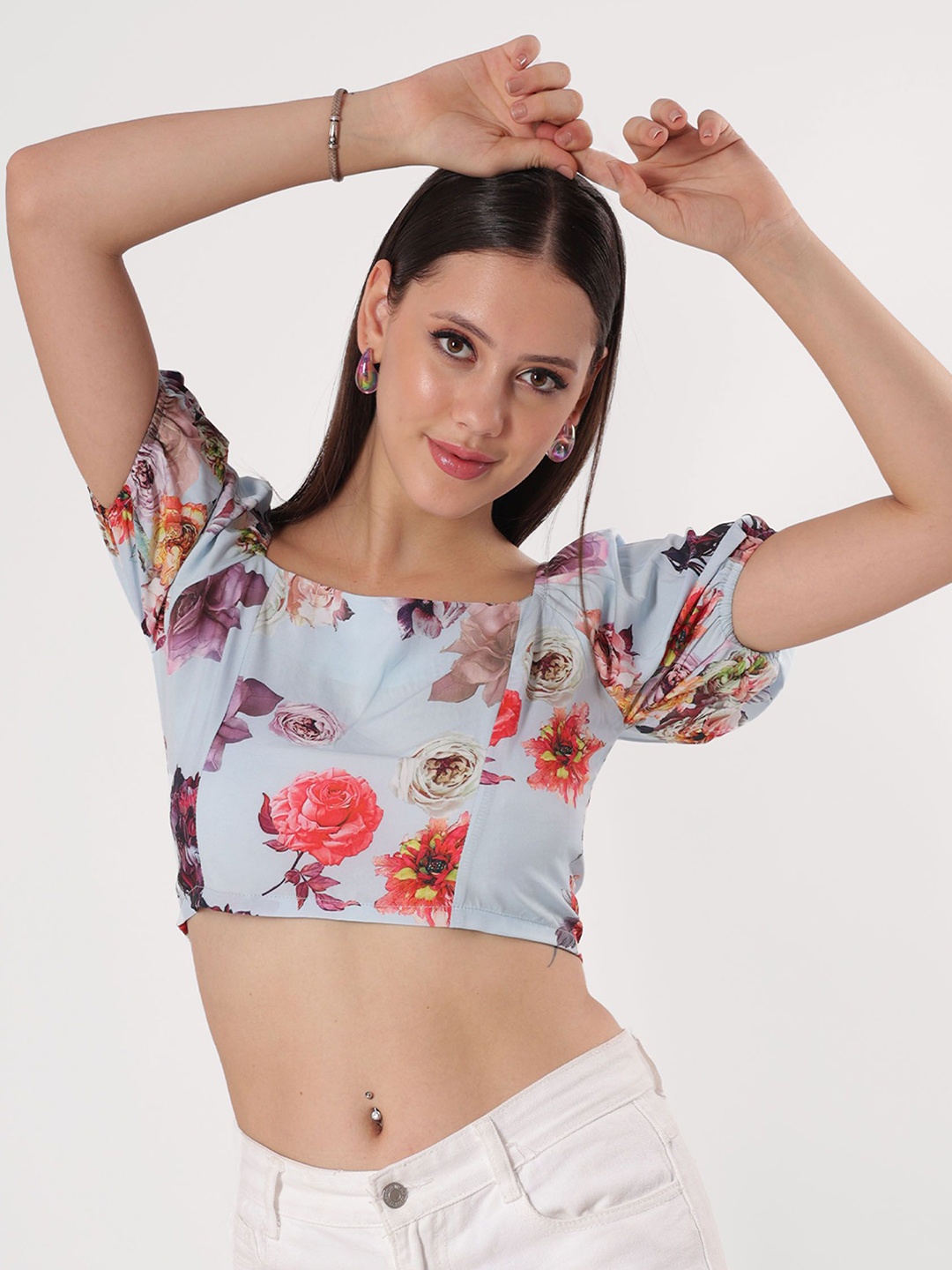 

clobug Floral Print Crepe Crop Top, Blue