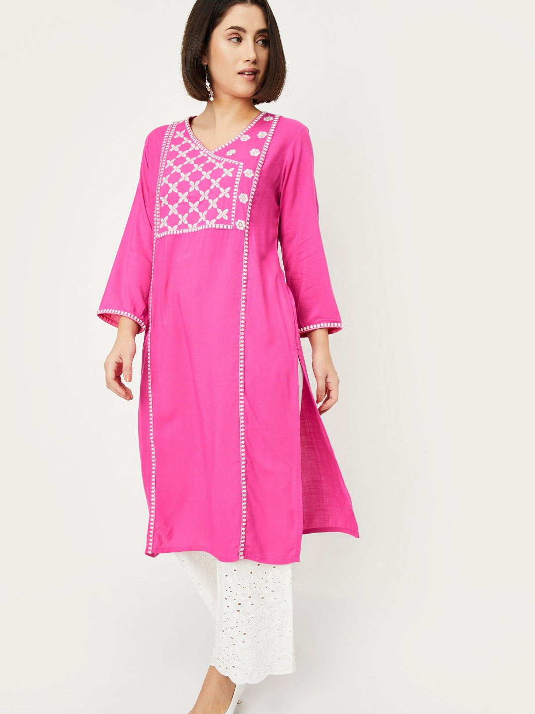 

max Floral Yoke Design Thread Work Straight Kurta, Pink