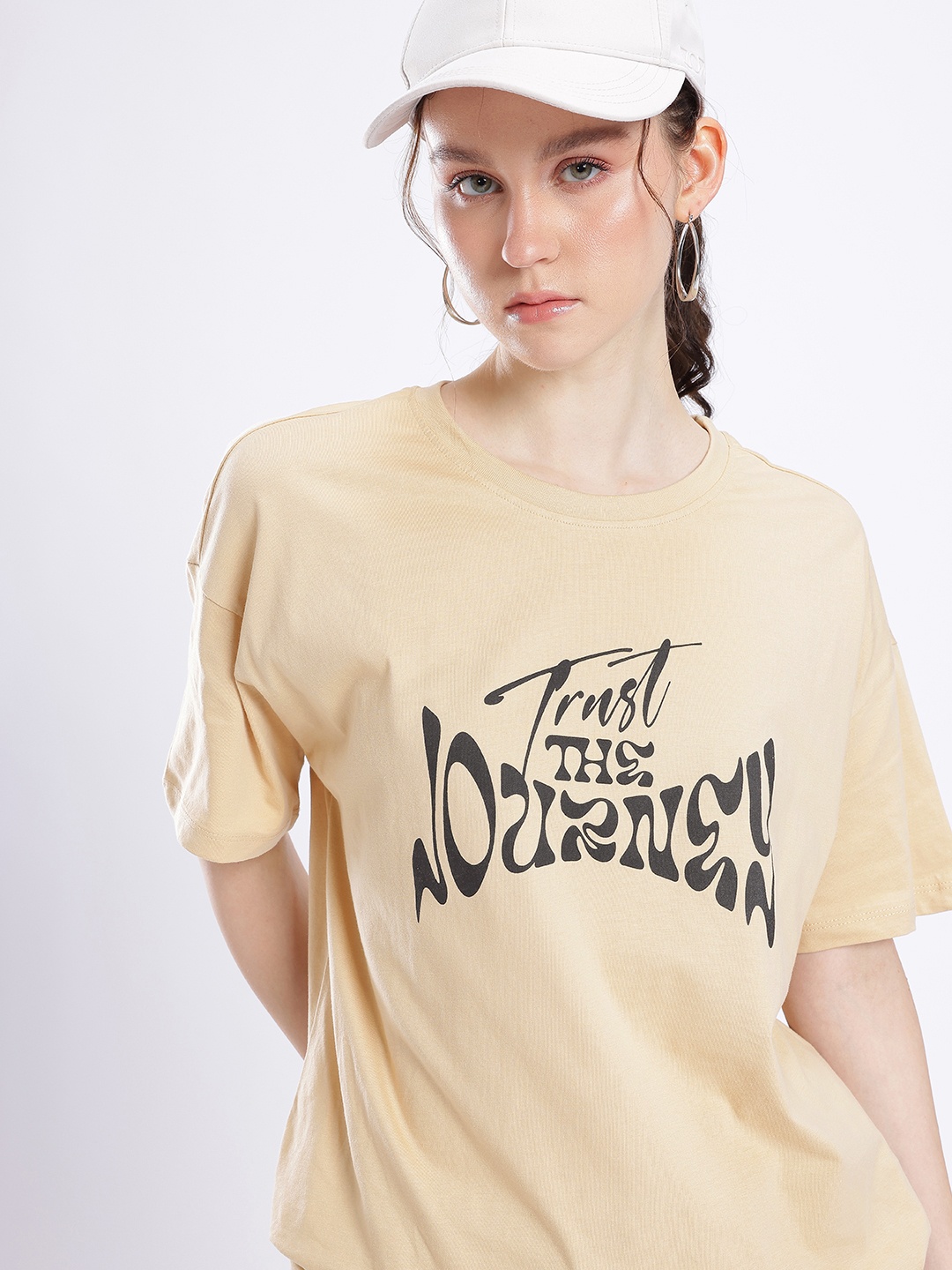 

glitchez Street Vibe Typography Printed Oversized T-shirt, Beige