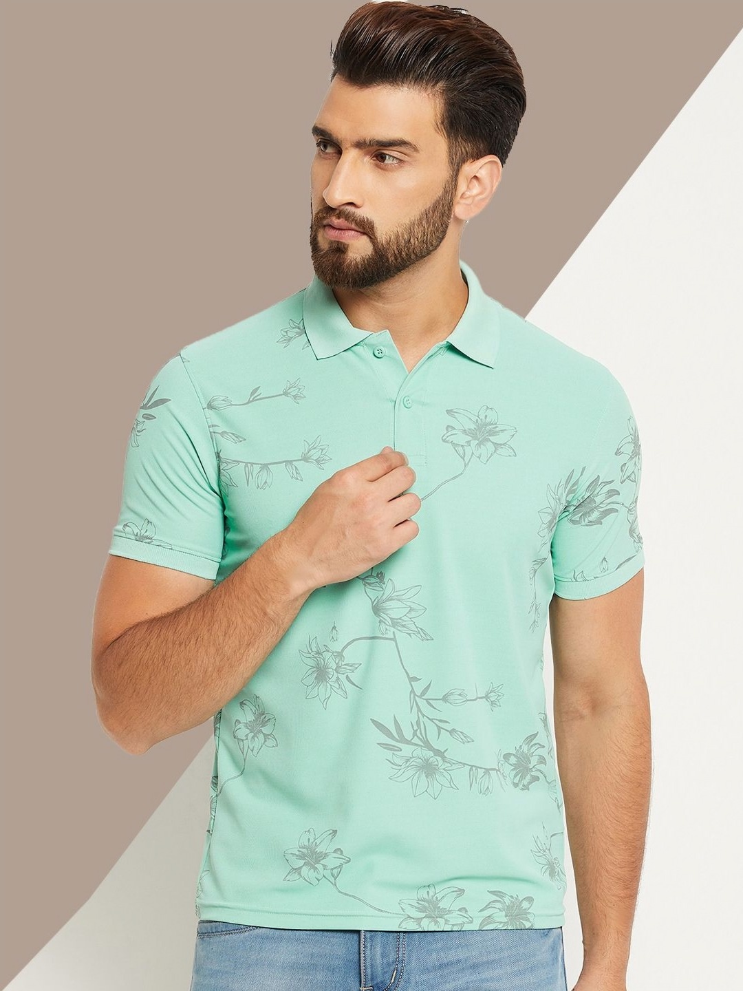 

OGEN Men Printed Polo Collar Pockets T-shirt, Sea green