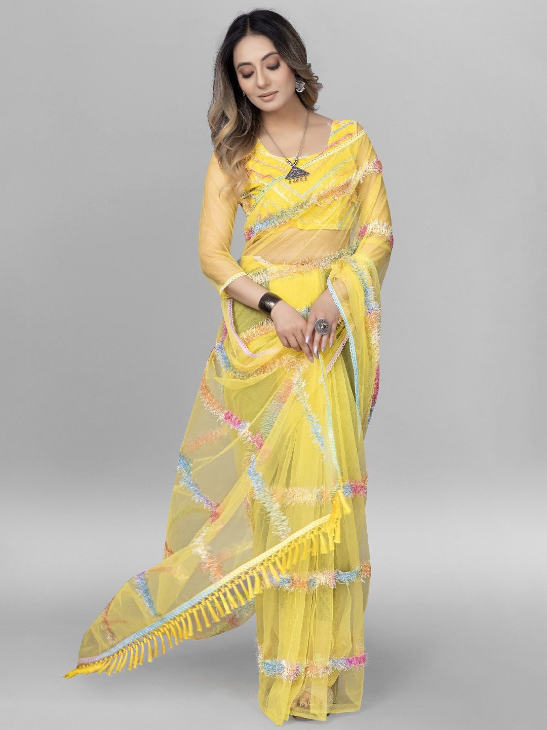 

LADY SHOPI Striped Embroidered Net Saree, Yellow