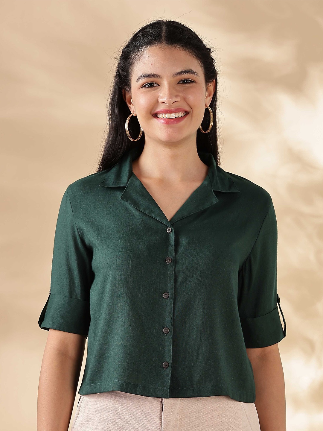 

Anouk Roll-Up Sleeves Cotton Top, Green