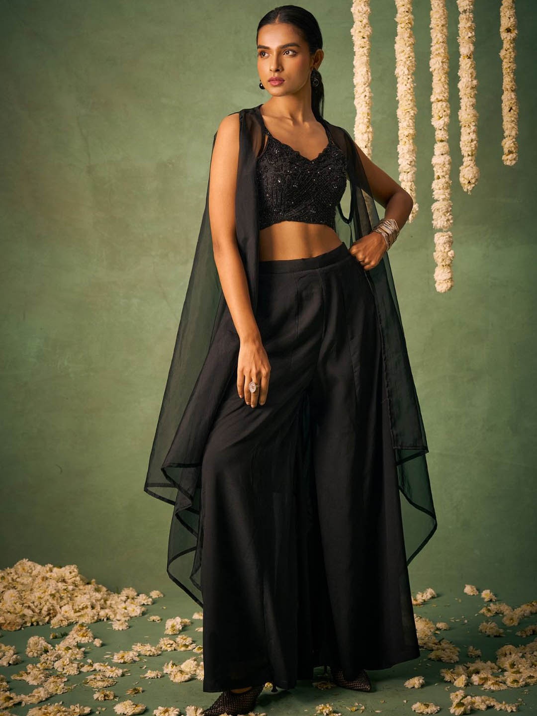 

ALIZEH Embroidered Shoulder Straps Top & Palazzos With Shrug, Black