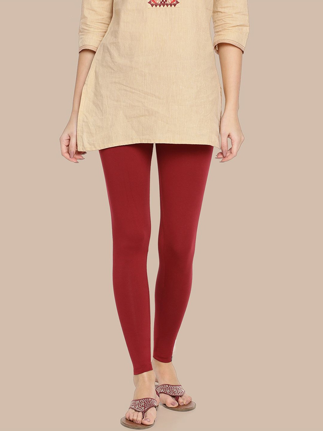 

TWIN BIRDS Women Cotton Blend Solid La Burgandy Ankle Length Legging, Burgundy