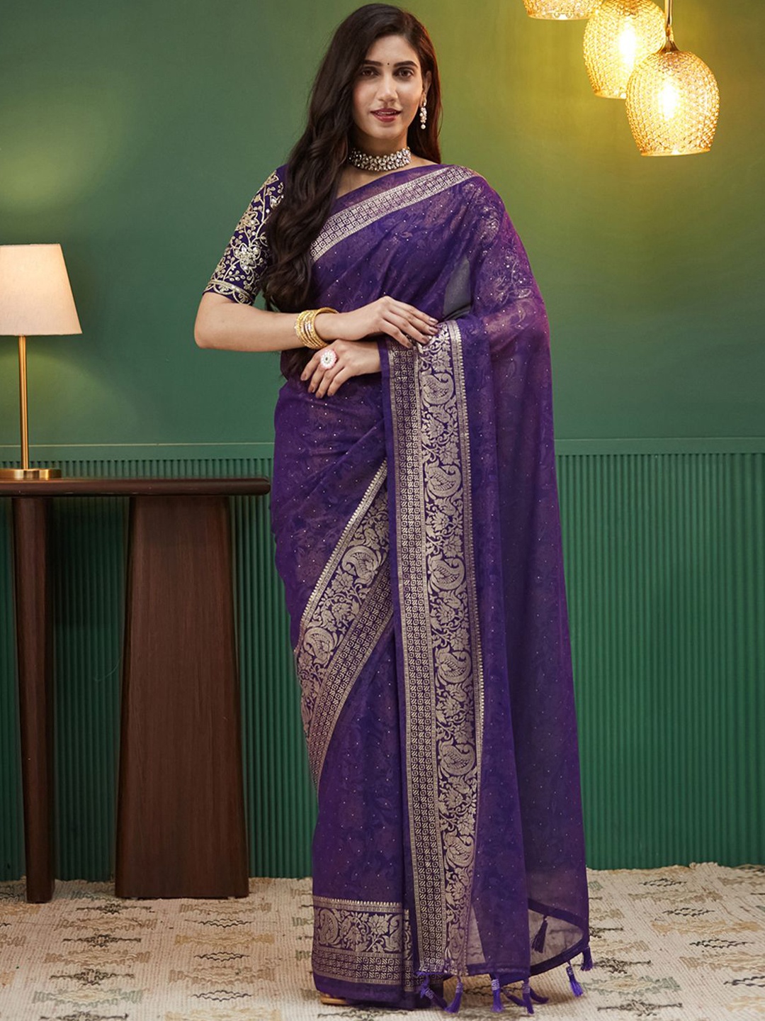 

all about you Woven Design Zari Pure Georgette Banarasi Saree, Purple