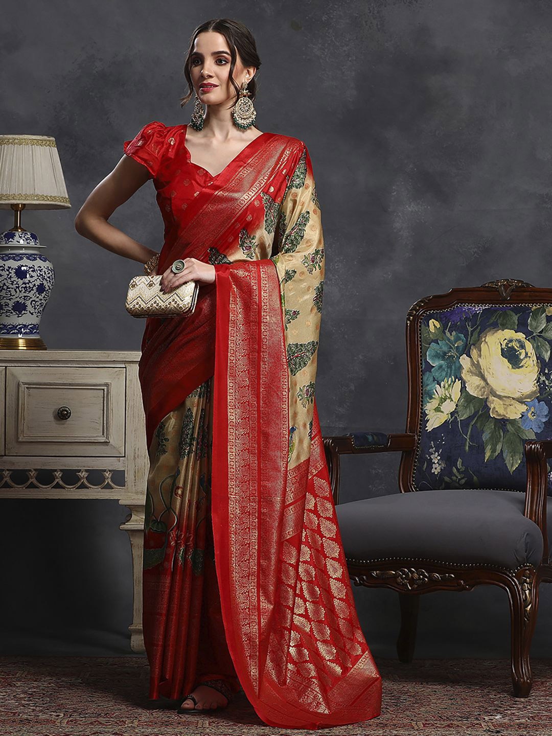 

Mitera Kalamkari Zari Silk Blend Bagh Saree, Beige