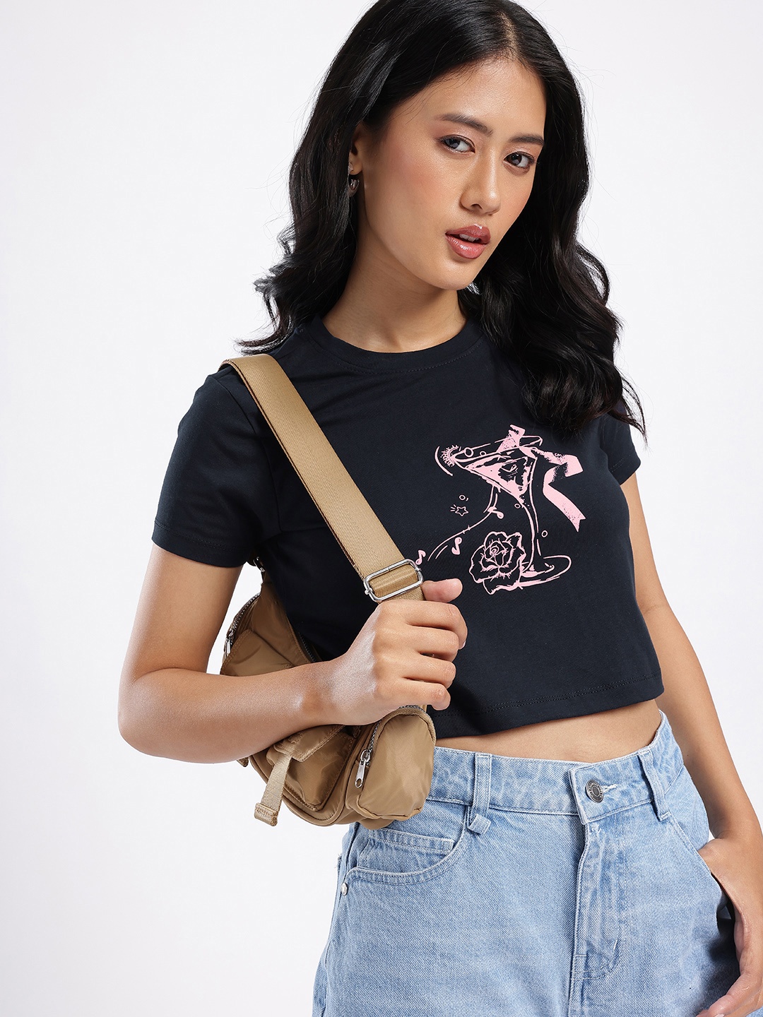 

DressBerry Vibrant & Fresh Printed Boxy Crop T-shirt, Navy blue