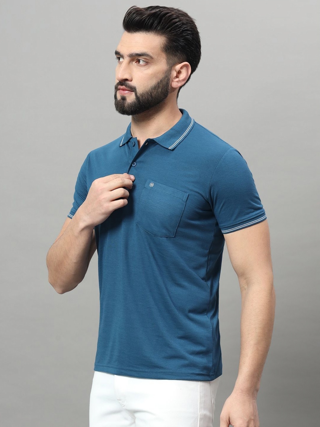 

OGEN Men Polo Collar Pockets T-shirt, Blue