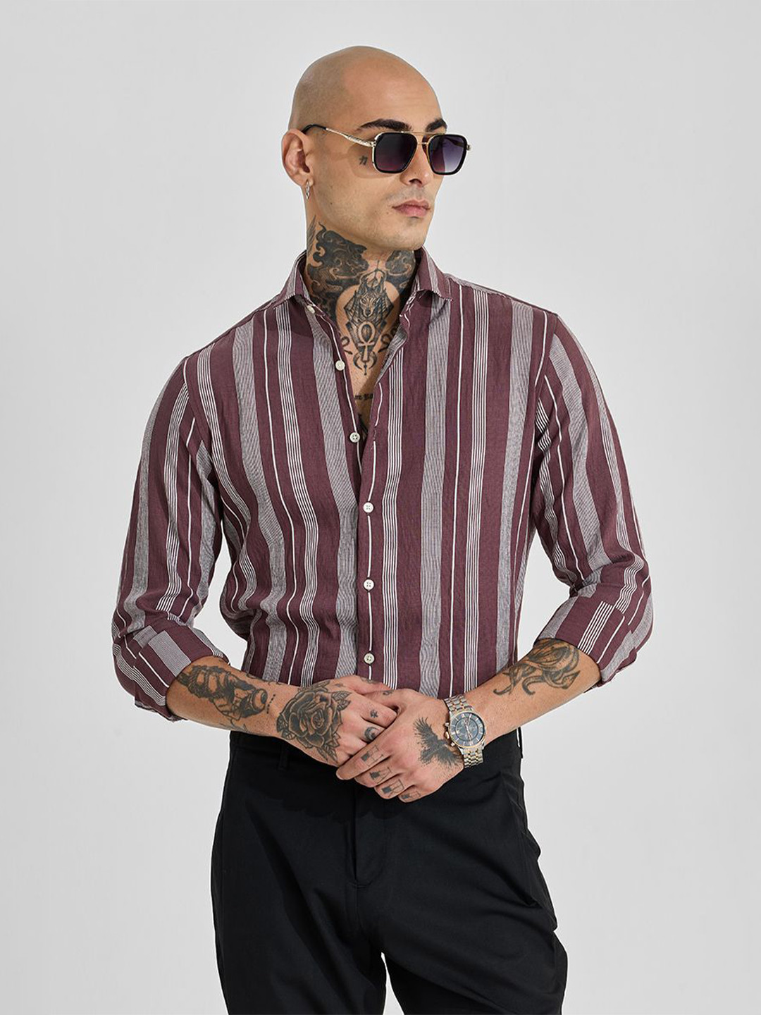 

Snitch Men Slim Fit Opaque Striped Formal Shirt, Burgundy