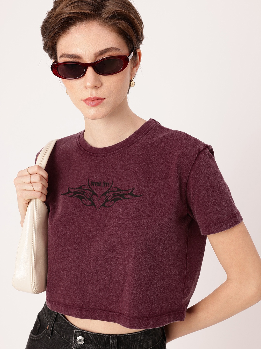 

DressBerry Urban Edge Graphic Printed Boxy Fit Crop T-shirt, Burgundy