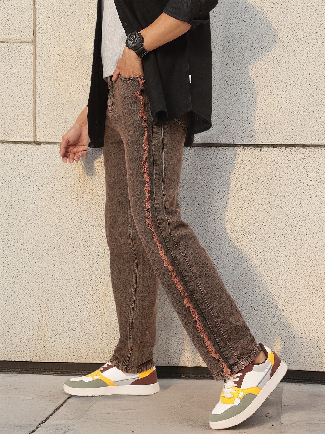 

Kook N Keech Men Casual Cuts Frayed-Detail Straight Fit Jeans, Brown