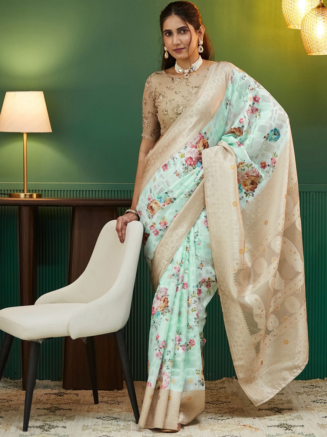 

all about you Floral Zari Silk Blend Saree, Beige