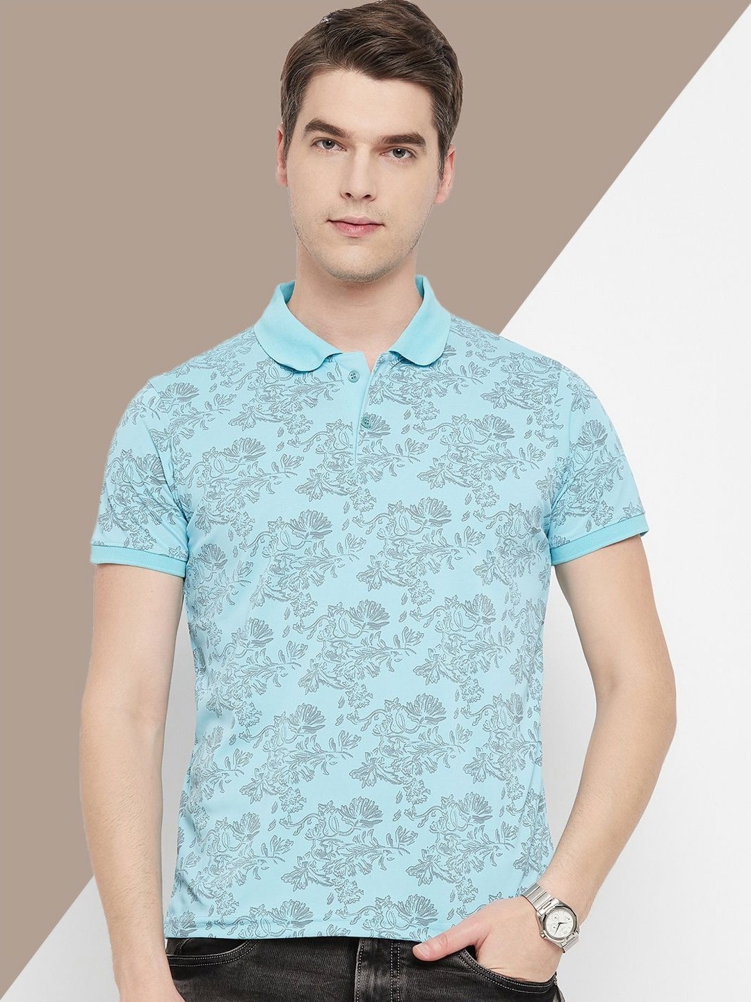 

OGEN Men Printed Polo Collar Tropical Pockets T-shirt, Blue