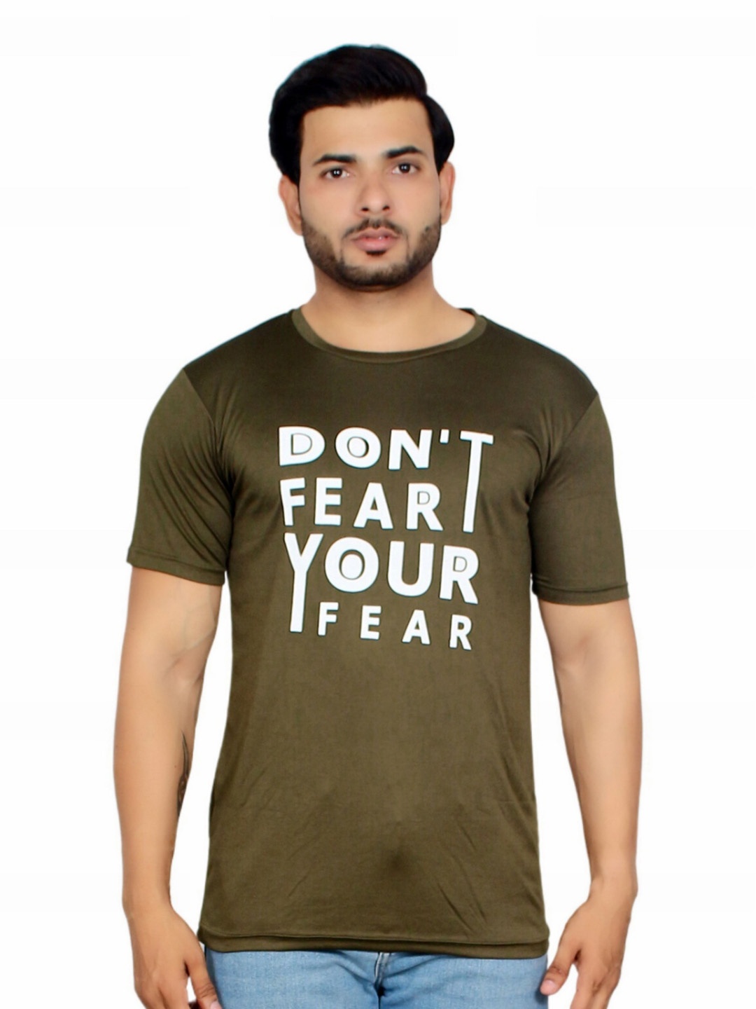 

Deefab Men Typography Drop-Shoulder Sleeves Applique T-shirt, Olive