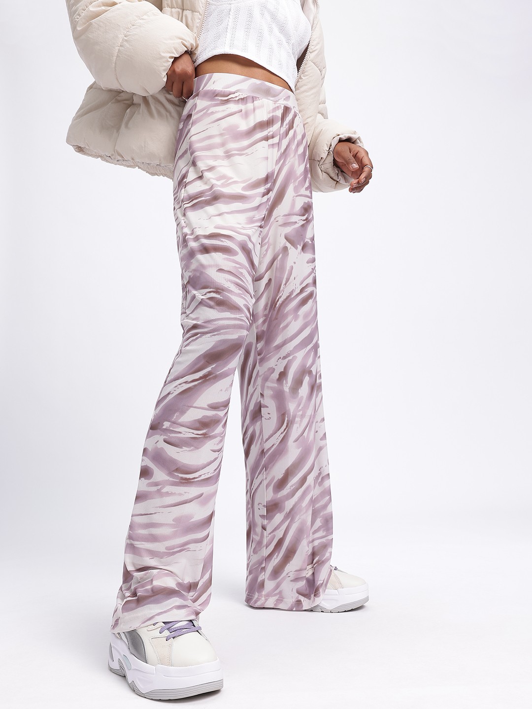 

glitchez Women Groovy Print Flared Trousers, Purple