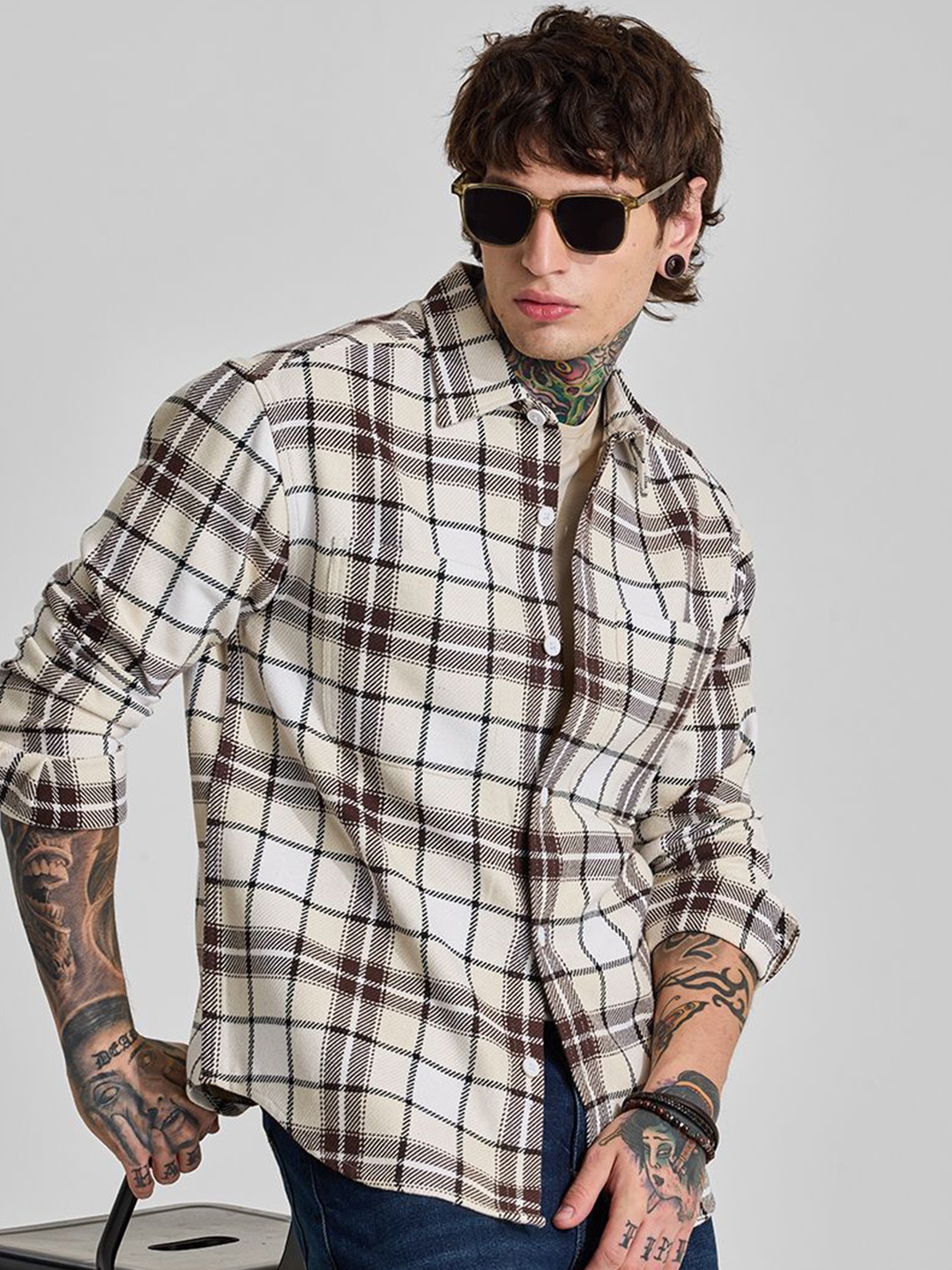

Snitch Men Relaxed Opaque Checked Casual Shirt, Beige