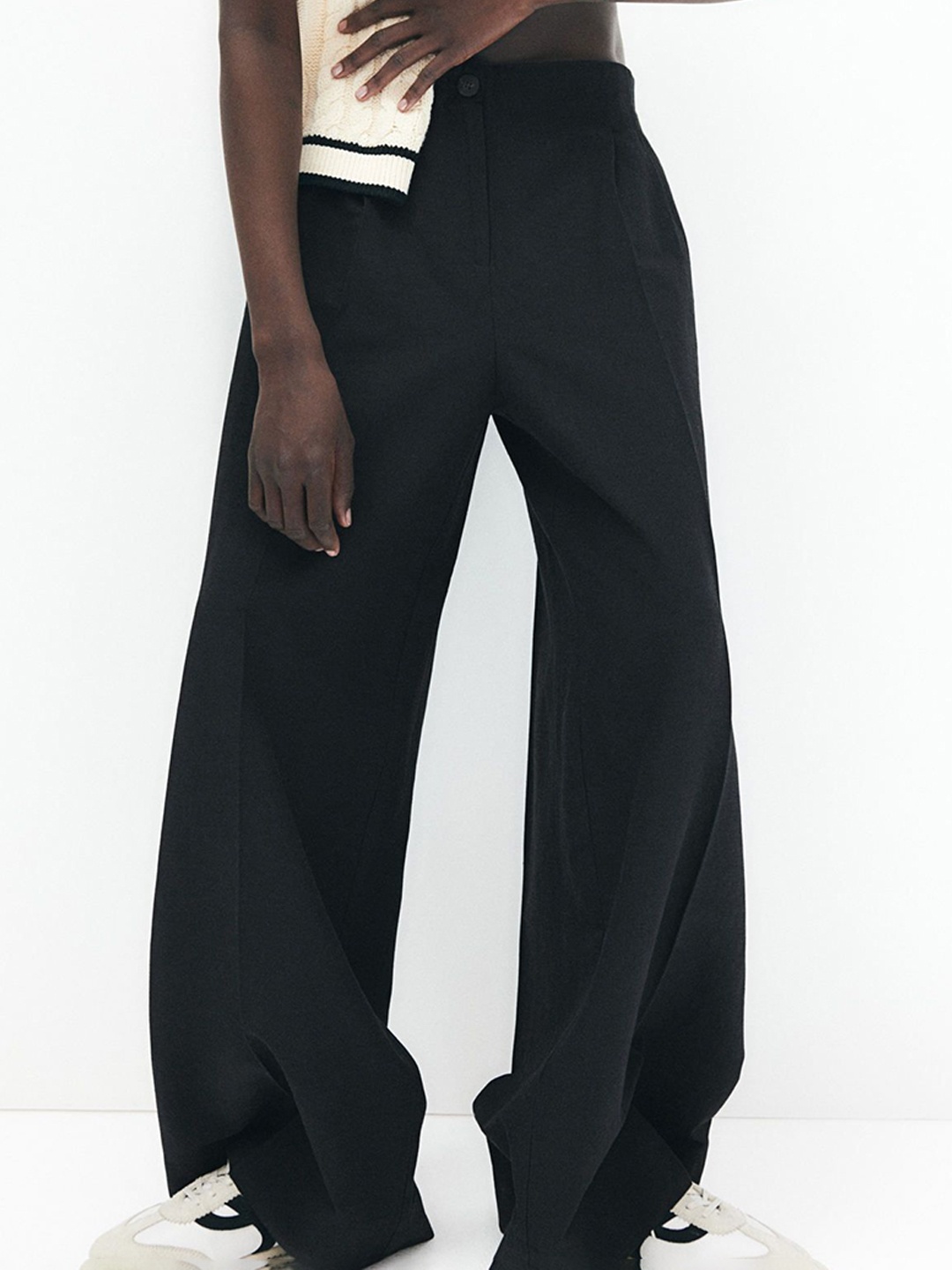 

H&M Wide Linen-Blend Trousers, Black