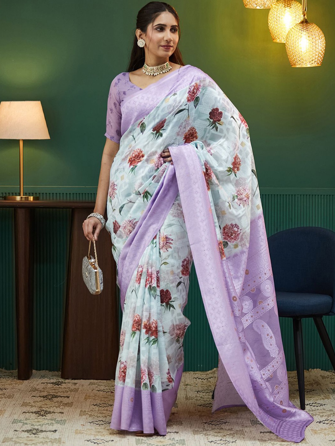 

all about you Floral Zari Silk Blend Saree, Blue