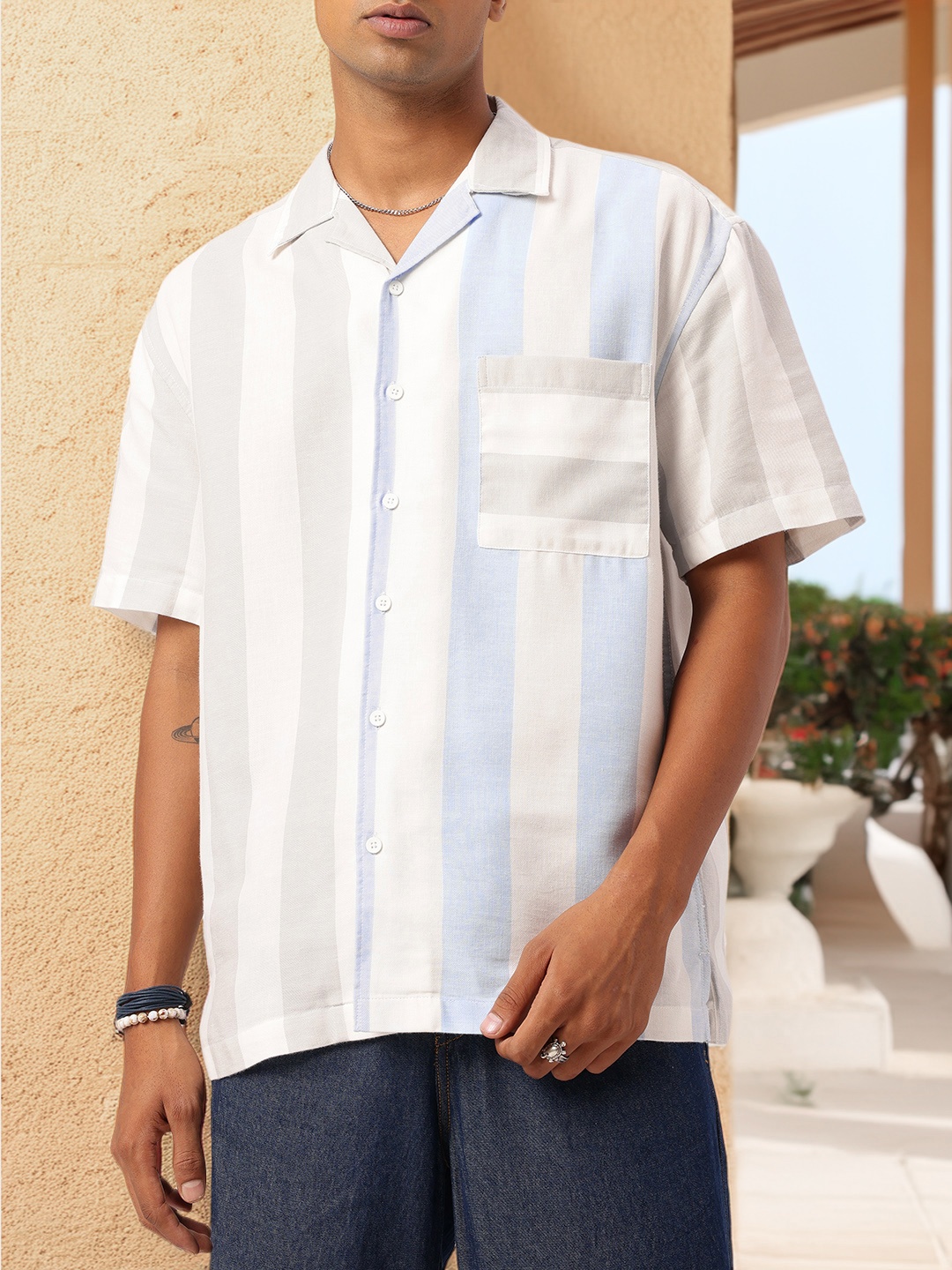 

Kook N Keech Vacation Ready Cuban Collar Striped Oversized Fit Shirt, Grey