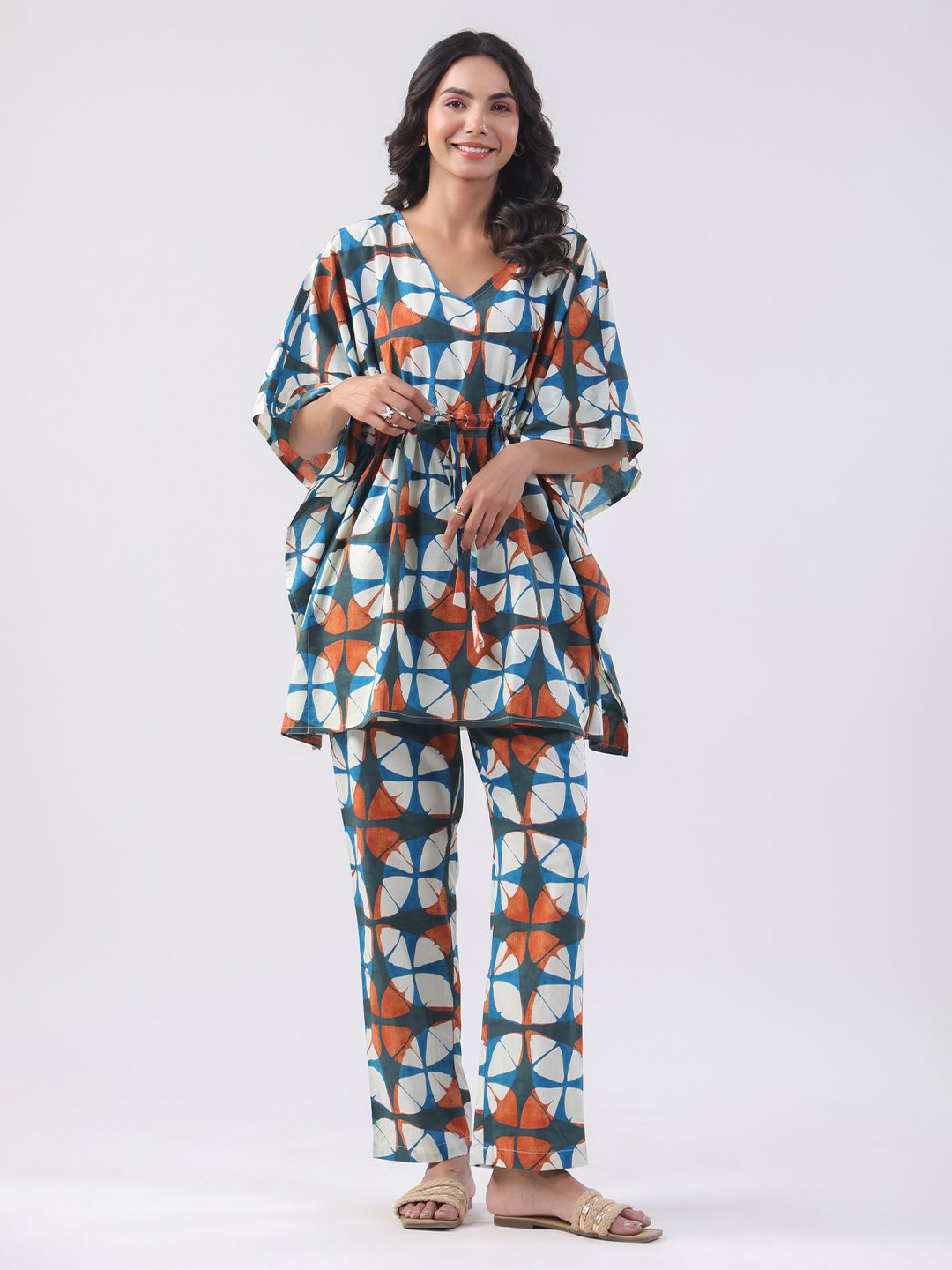 

JISORA Printed V-Neck Pure Cotton Tunic With Trousers Co-Ords Set, Blue