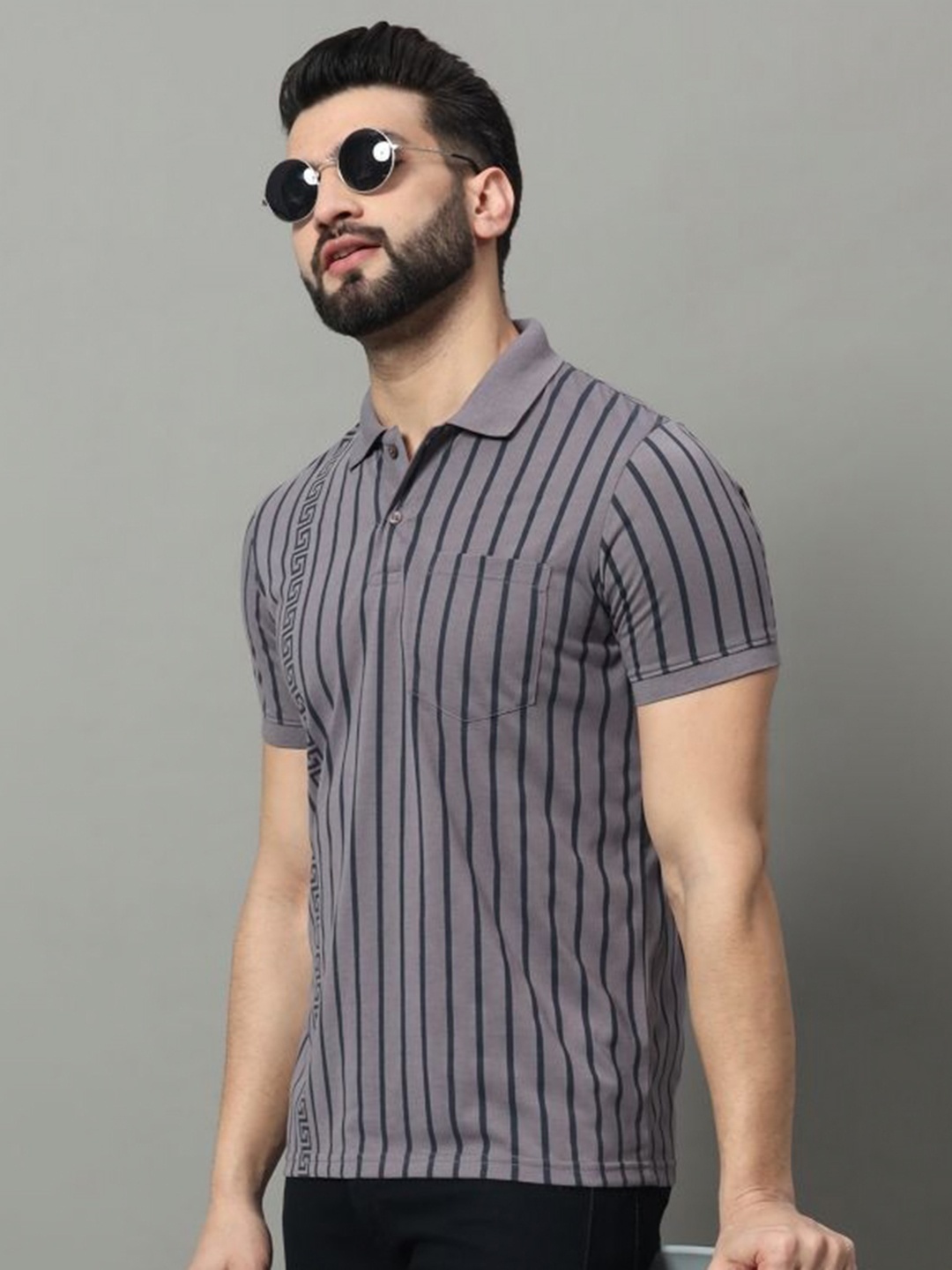 

OGEN Men Striped Polo Collar Pockets T-shirt, Lavender