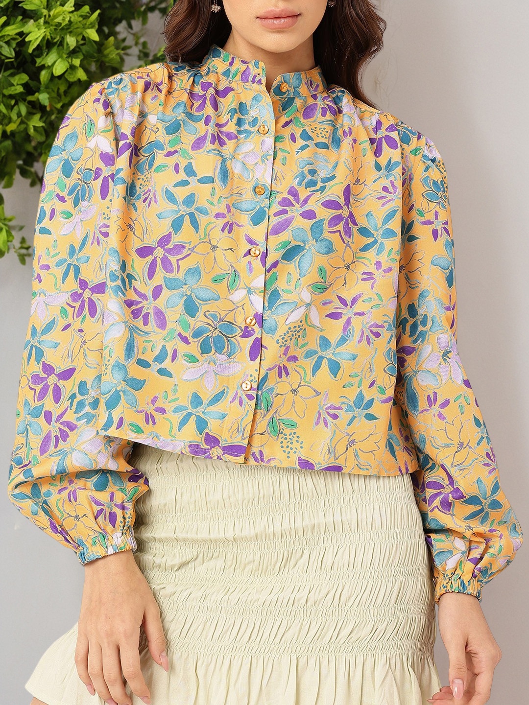 

DressBerry Elegant Blooming Printed Gathers Boxy Casual Shirt, Yellow