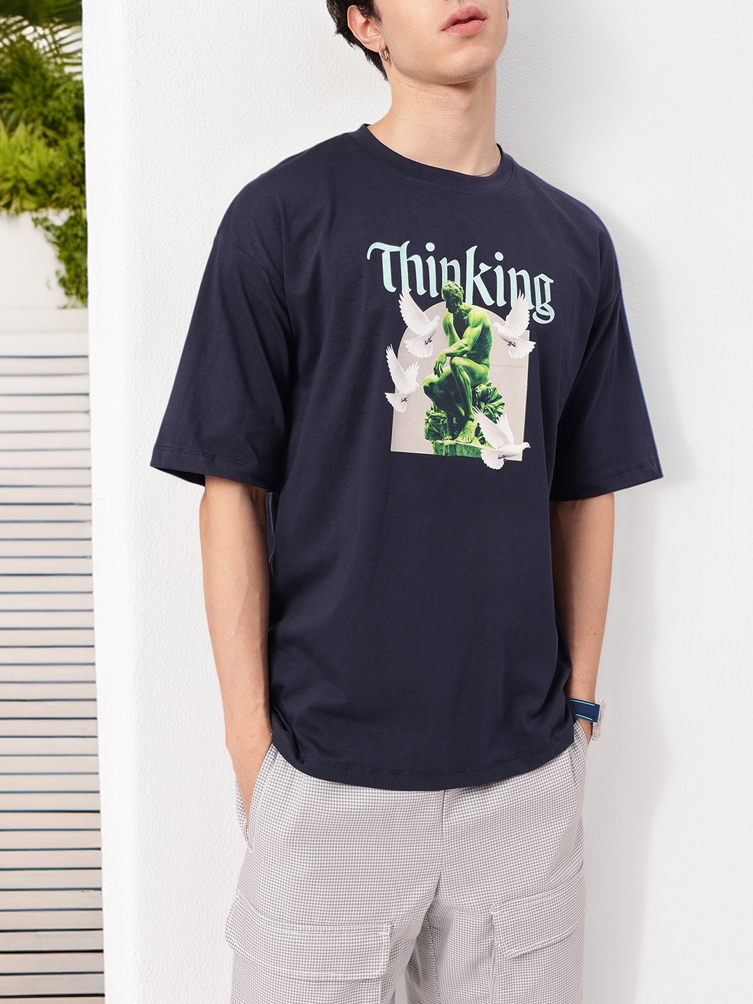 

Lost In Thought Grunge Drop-Shoulder Graphic Printed Oversized T-shirt, Navy blue