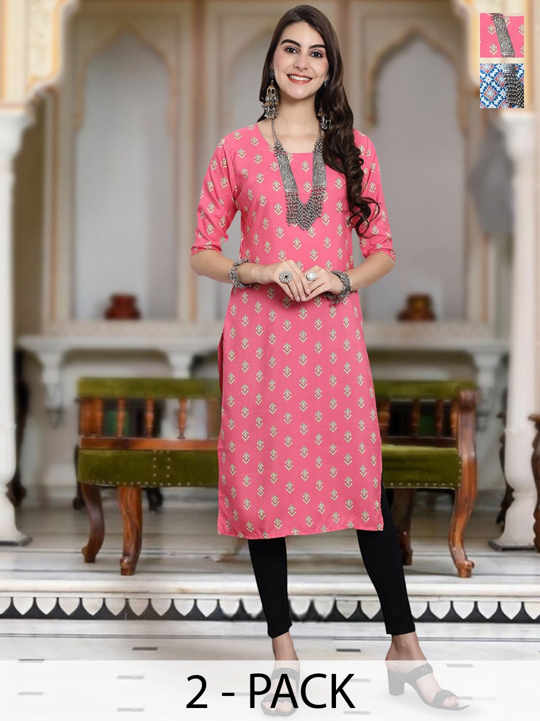 

Moda Rapido Selection Of 2 Floral Printed Round Neck Straight Kurta, Pink