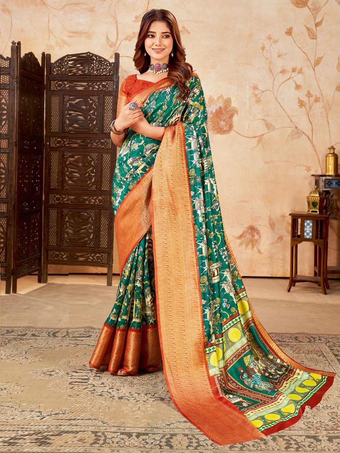 

Mitera Kalamkari Zari Sungudi Saree, Teal