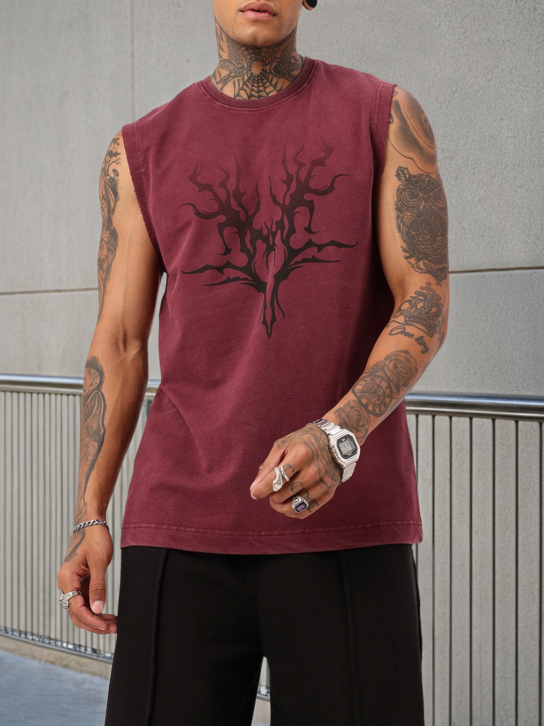 

Kook N Keech Urbanized Graphic Printed Sleeveless Relaxed Fit T-shirt, Maroon