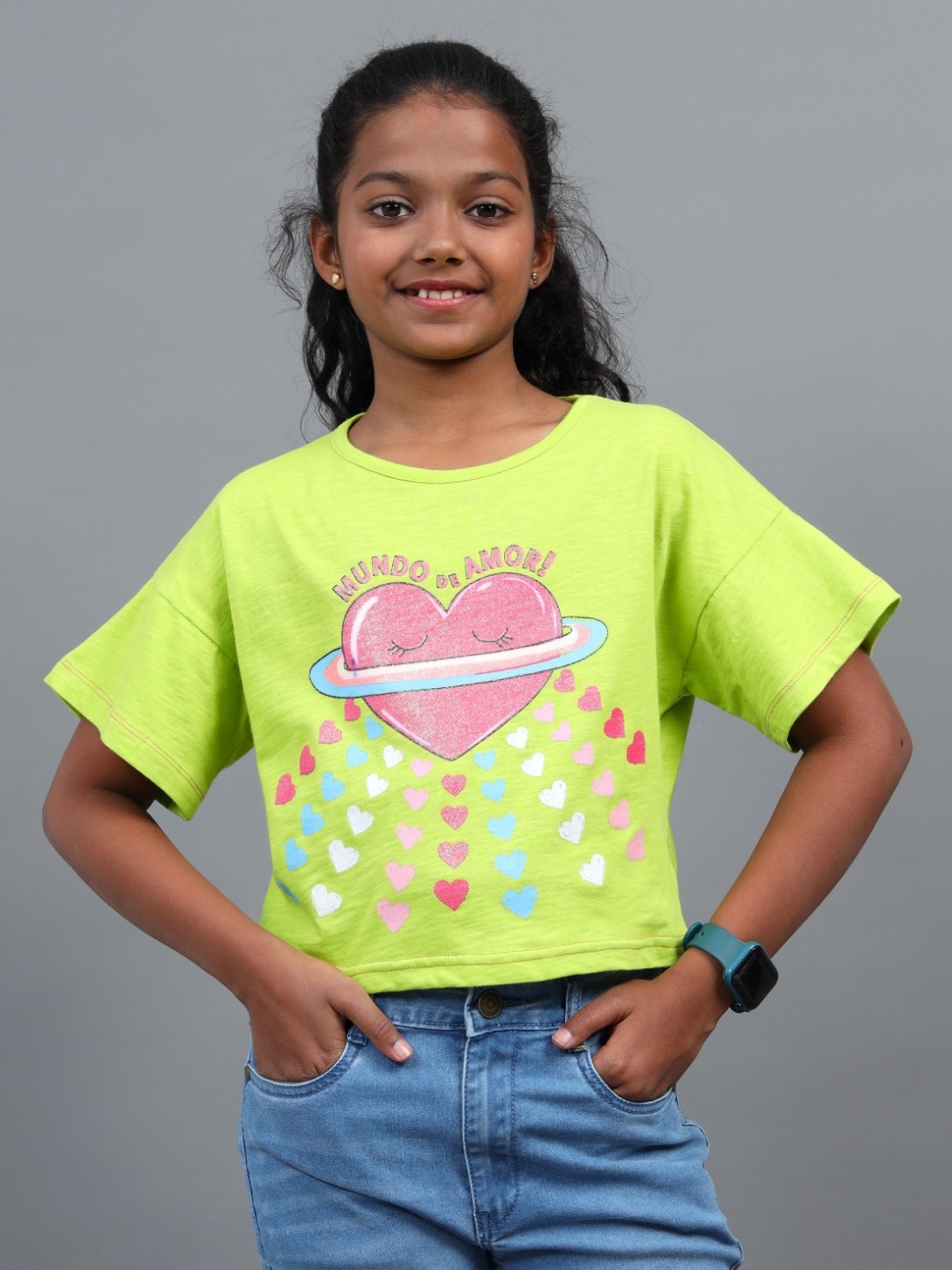 

UNDER FOURTEEN ONLY Girls Printed Pockets T-shirt, Green