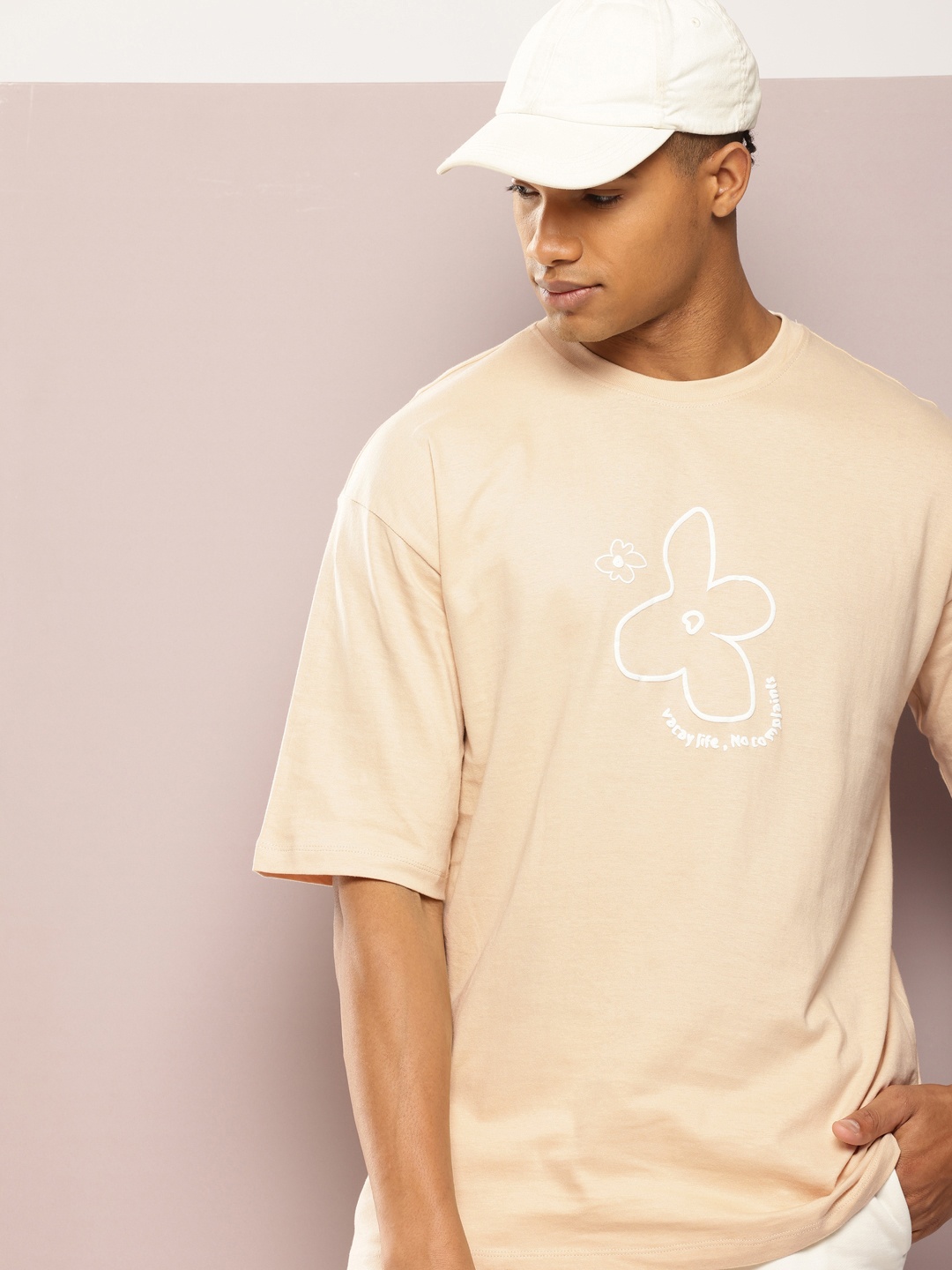 

Kook N Keech Pure Cotton Floral Printed Drop-Shoulder Sleeves Oversized T-shirt, Beige