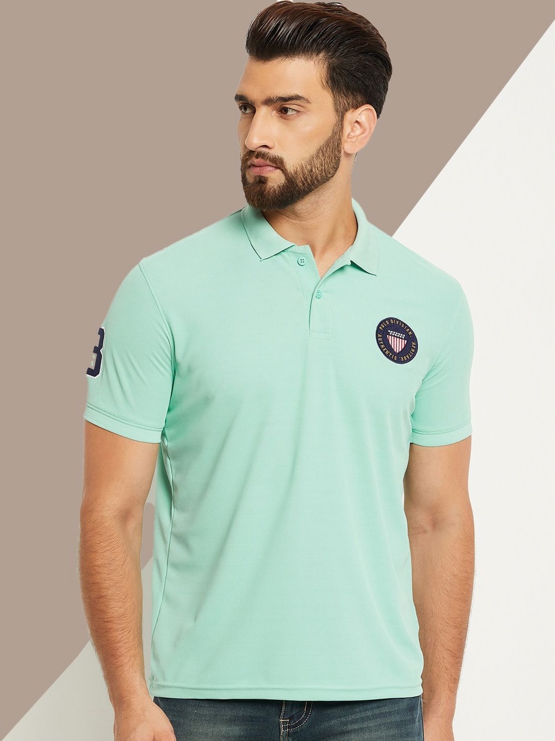 

OGEN Men Polo Collar Applique T-shirt, Sea green