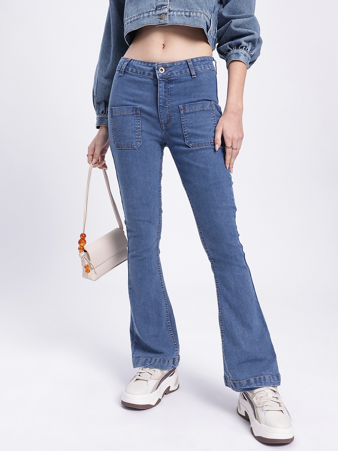

glitchez Women Seamless Style Mid-Rise Stretchable Bootcut Jeans, Blue