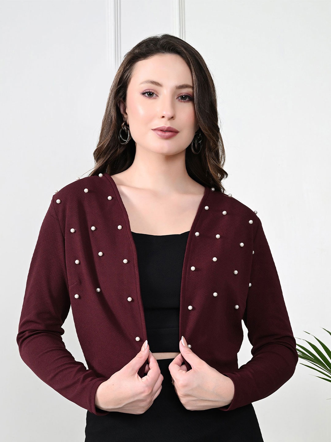 

BAESD Embellished Long Sleeves Open Front Crop Shrug, Maroon