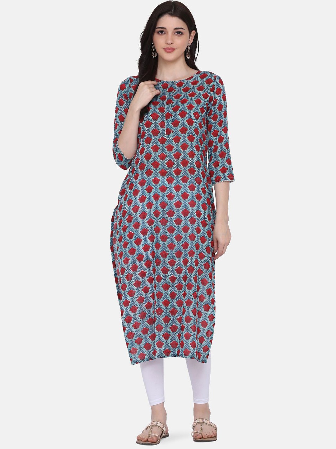 

DIVASTRI Floral Printed Round Neck Straight Cotton Kurta, Blue