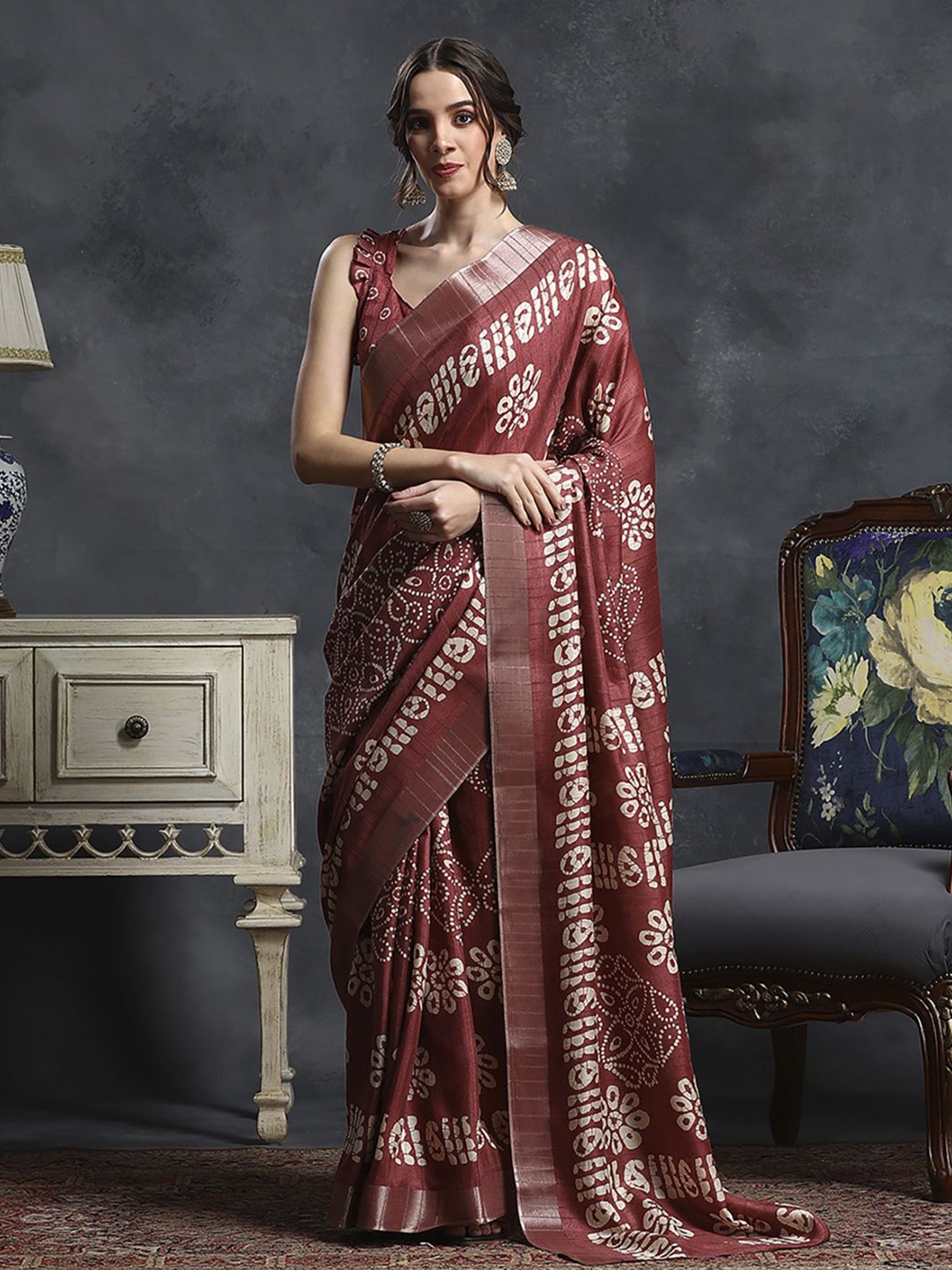 

Anouk Rustic Ethnic Motifs Zari Silk Blend Sungudi Saree, Rust