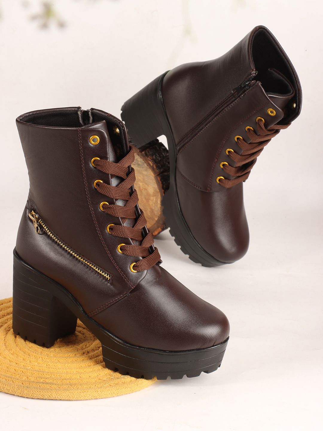 

Killer Women Ankle Length Block Heel Lace Up & Side Zip Boots, Brown