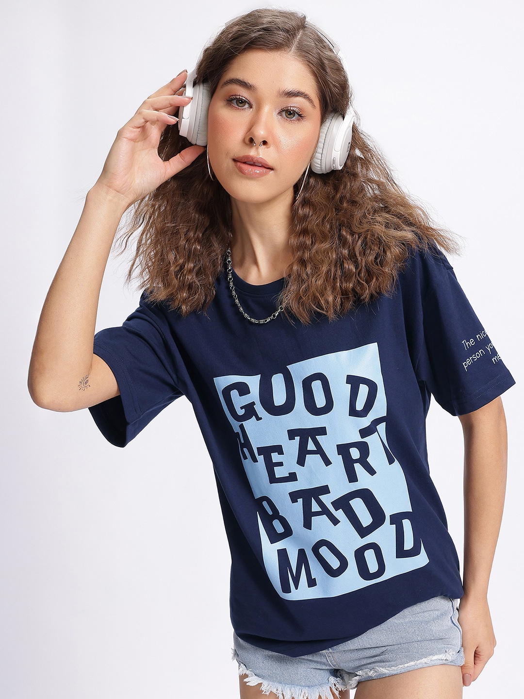 

glitchez Mood Ring Typo Print Oversized T-shirt, Navy blue