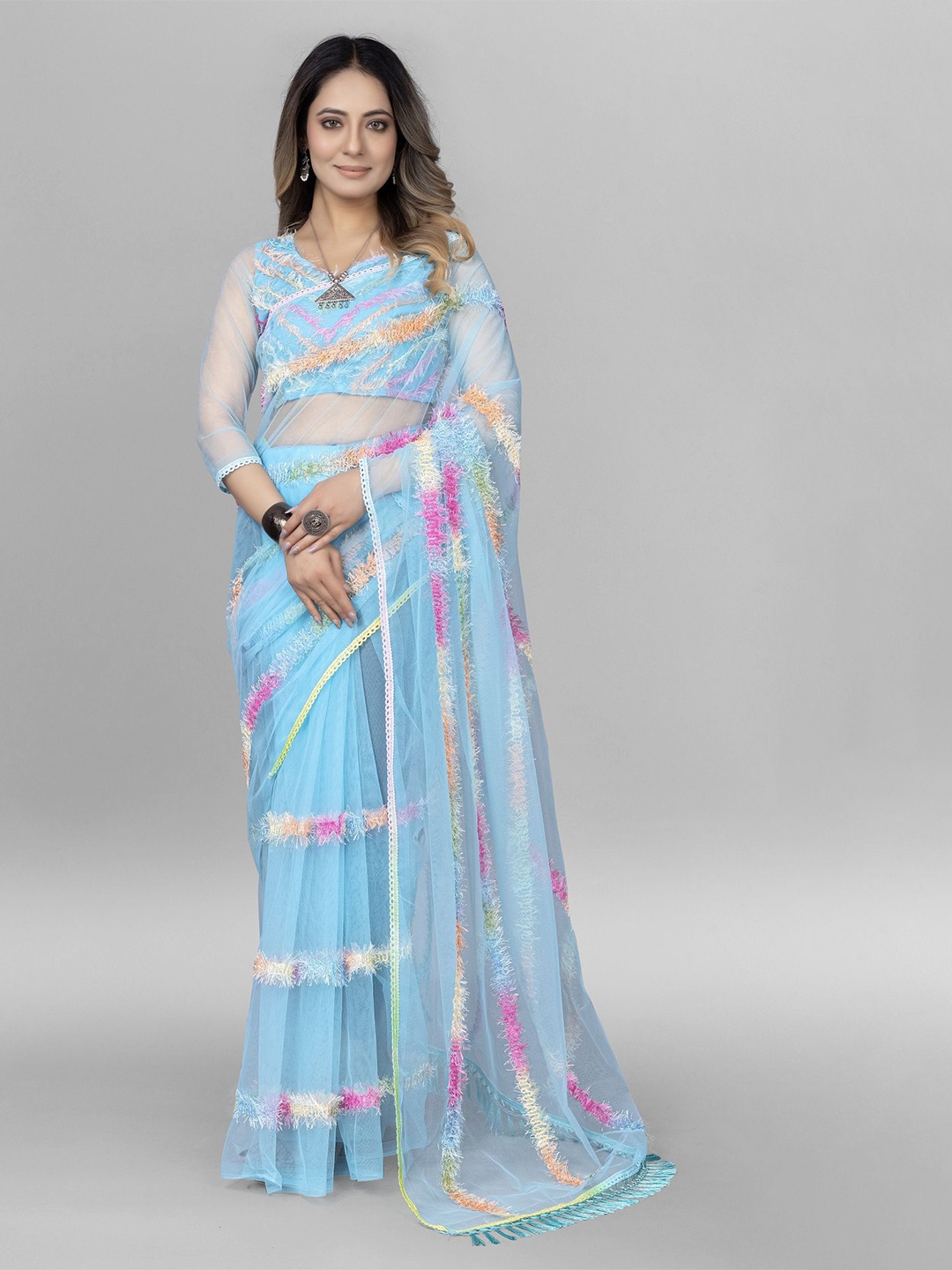 

APNISHA Striped Net Saree, Turquoise blue