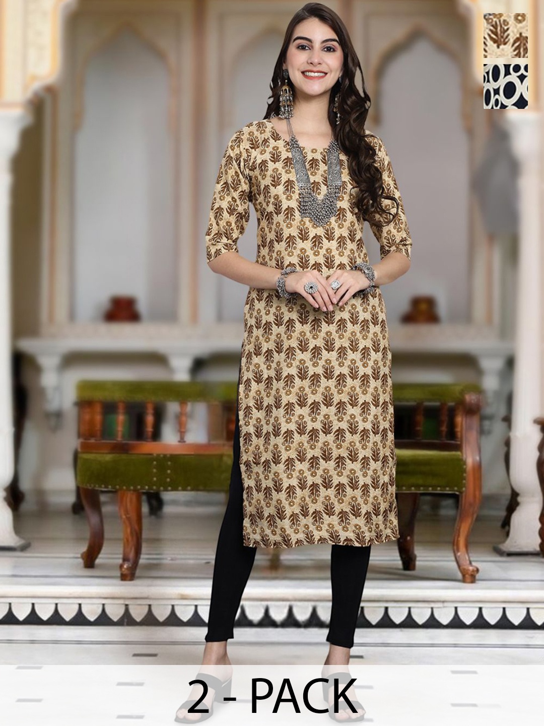 

Moda Rapido Selection Of 2 Floral Printed Round Neck Straight Kurta, Multi