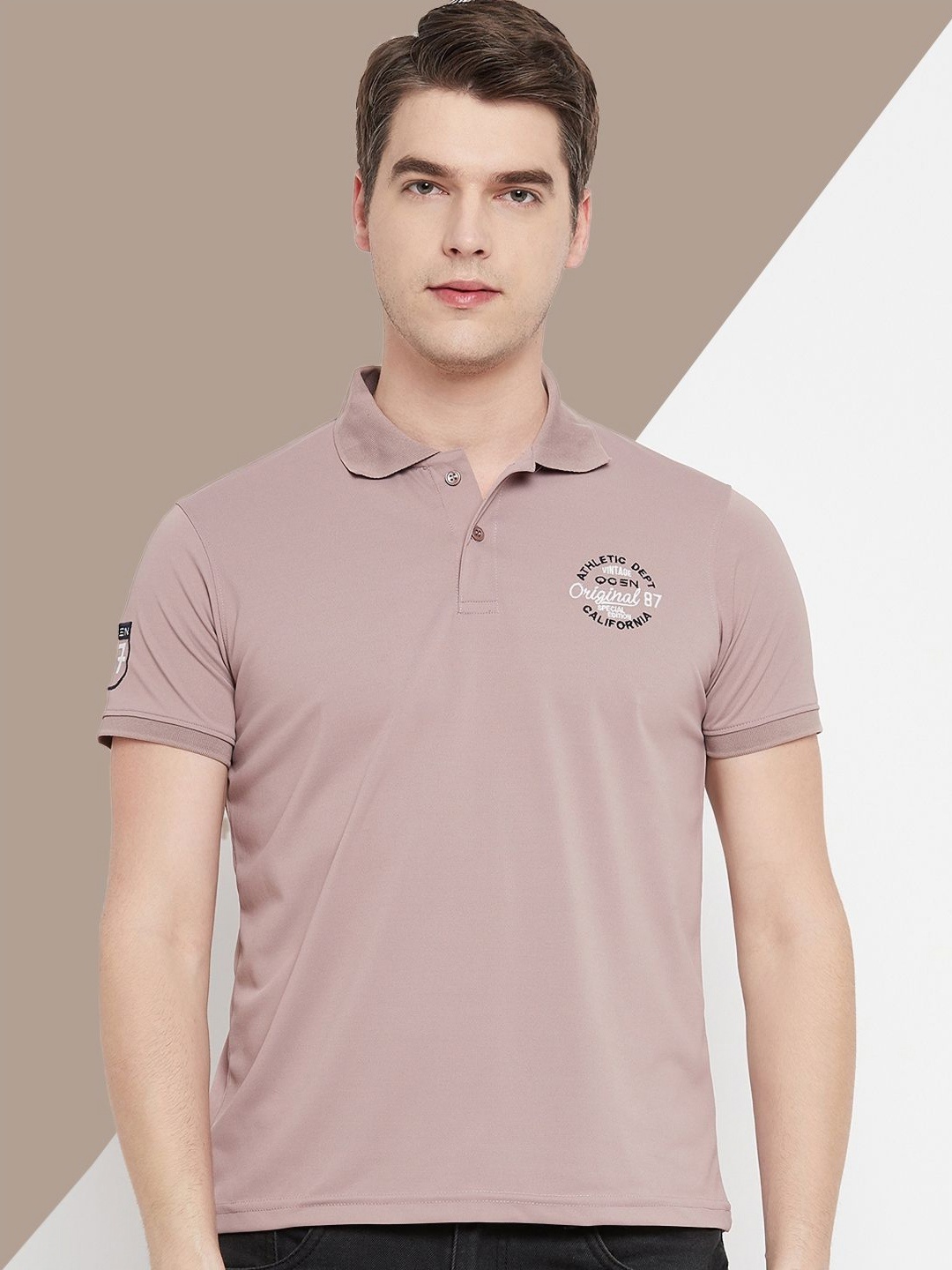 

OGEN Men Polo Collar Applique T-shirt, Rose